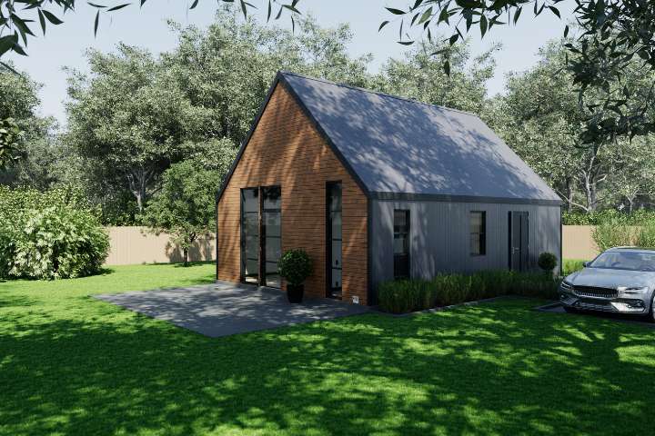 Wizualizacja nowoczesnego domu modułowego z prefabrykowanych elementów, z drewnianą elewacją i ogrodem